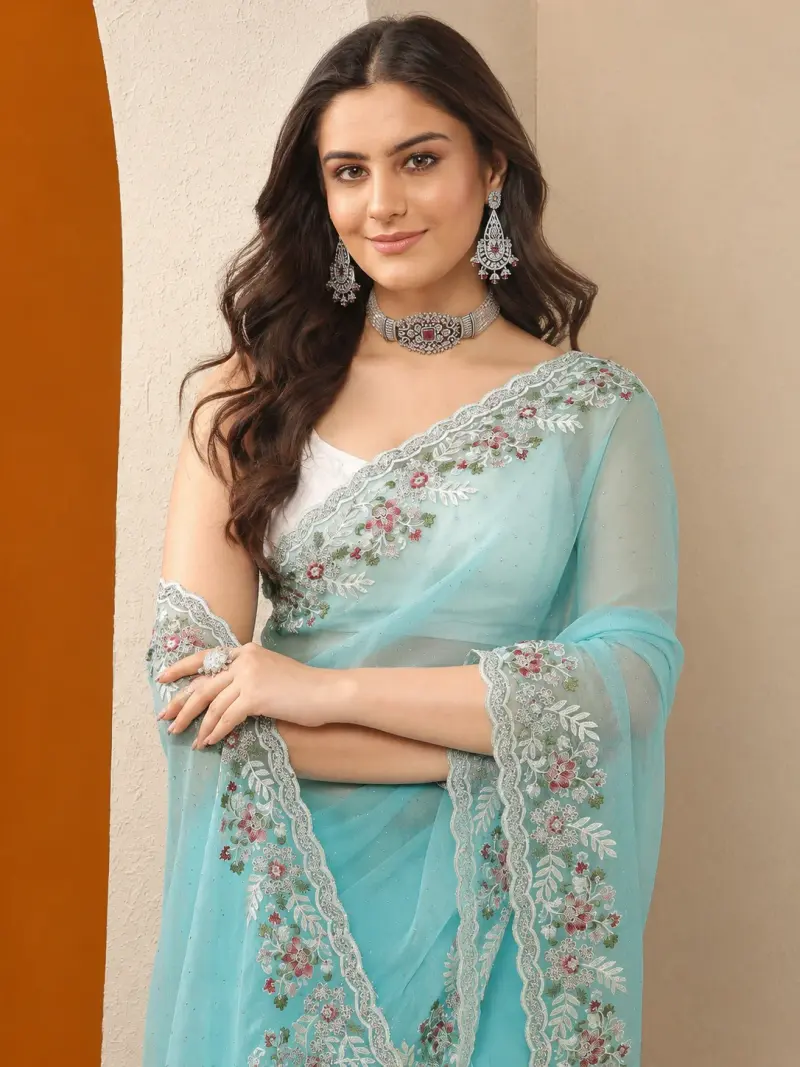 Aqua Noor Embroidered Organza Saree